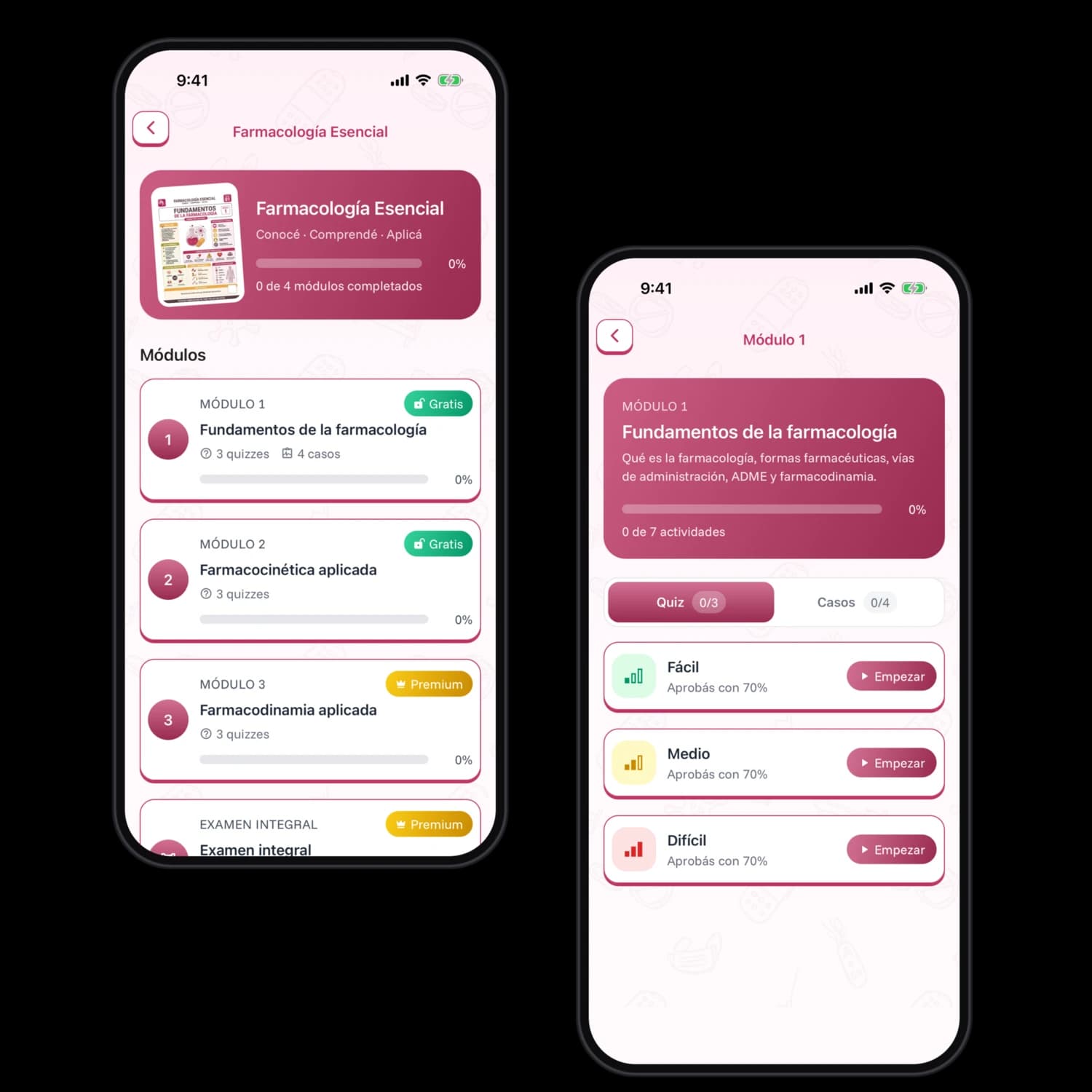 Módulos de Farmacología en la app